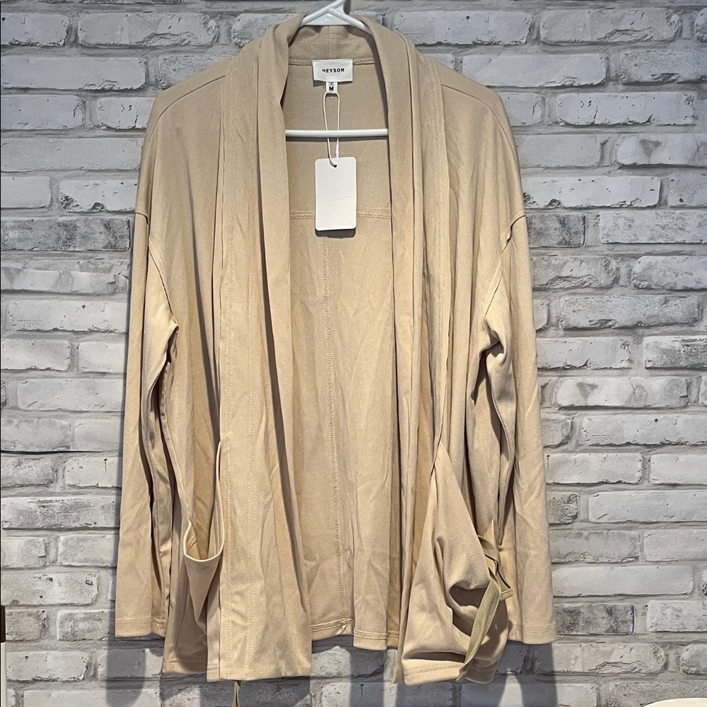 Heyson Beige Open Front Cardigan pockets adjustable runching front sweater top